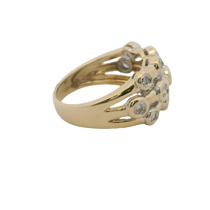 SBT Solid 14kt Yellow Gold and Bezel Set Diamond 3-Row Bubble Ring Size 7