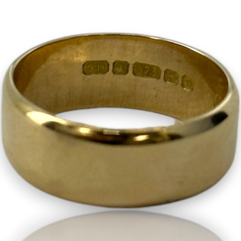 Vintage 1978 Solid 9kt Yellow Gold Wedding Engagement Wide 6.6mm Band Made in Birmingham Size 5.5 Ring
