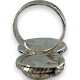 Handmade 925 Sterling Silver and Natural Howlite 2-Stone Full Finger Ring with Leaf Motifs and Hammered Band Size 7.5