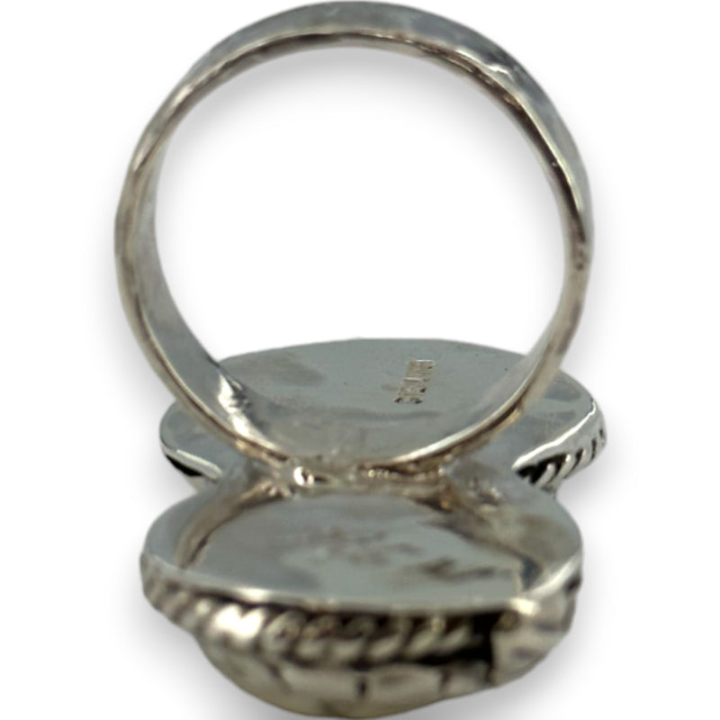 Handmade 925 Sterling Silver and Natural Howlite 2-Stone Full Finger Ring with Leaf Motifs and Hammered Band Size 7.5