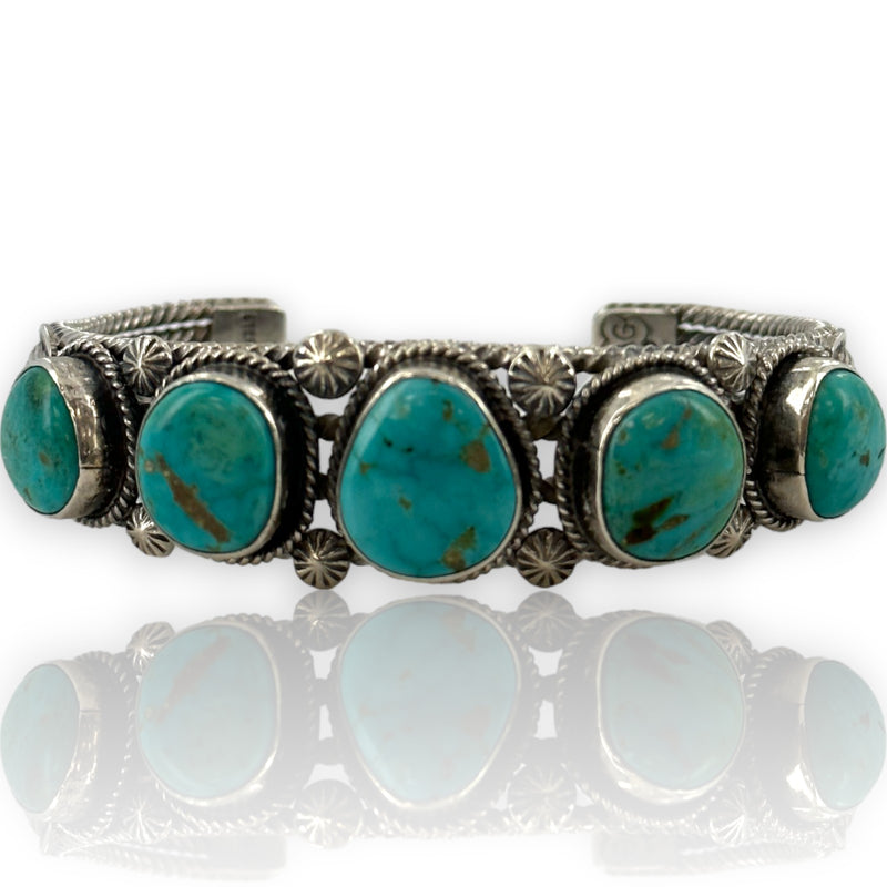 Arnold Goodluck Navajo Native American 925 Sterling Silver 5-Stone Natural Turquoise Cuff Bracelet