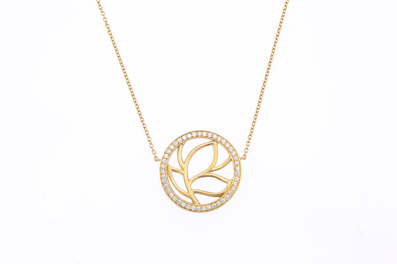 Diamond Halo Accent Flower Circle Pendant 18K 750 Yellow Gold 16.75" Necklace