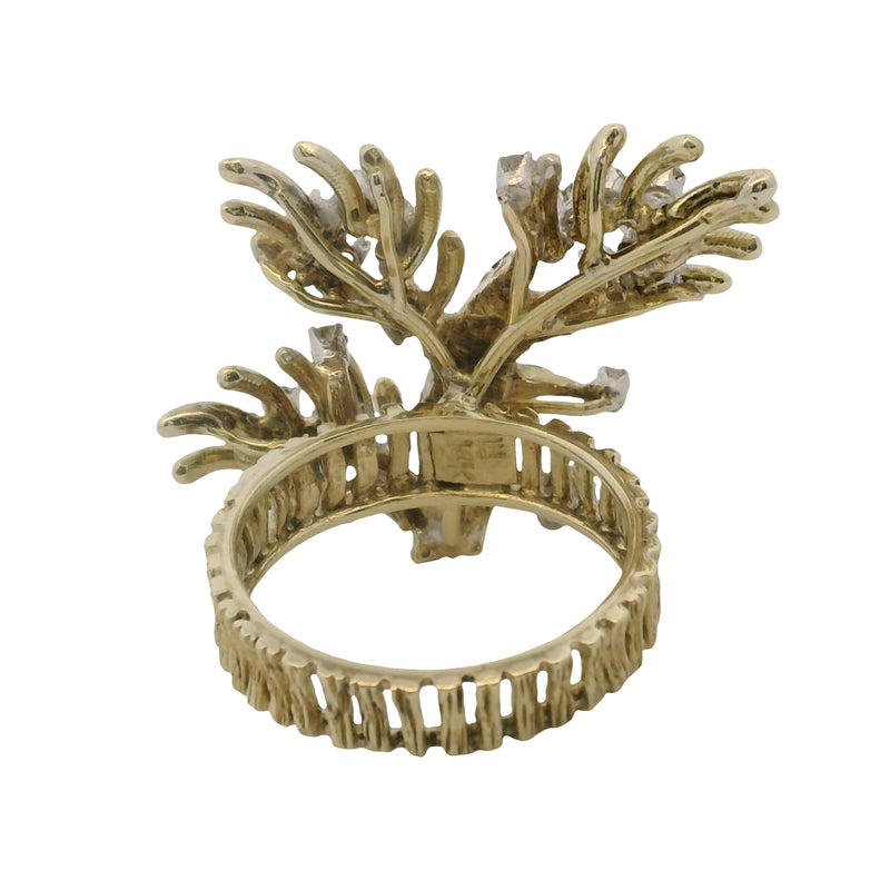 Vintage 1970-80s 14kt Yellow Gold and Diamond Branch Tree Statement Cluster Ring Size 7