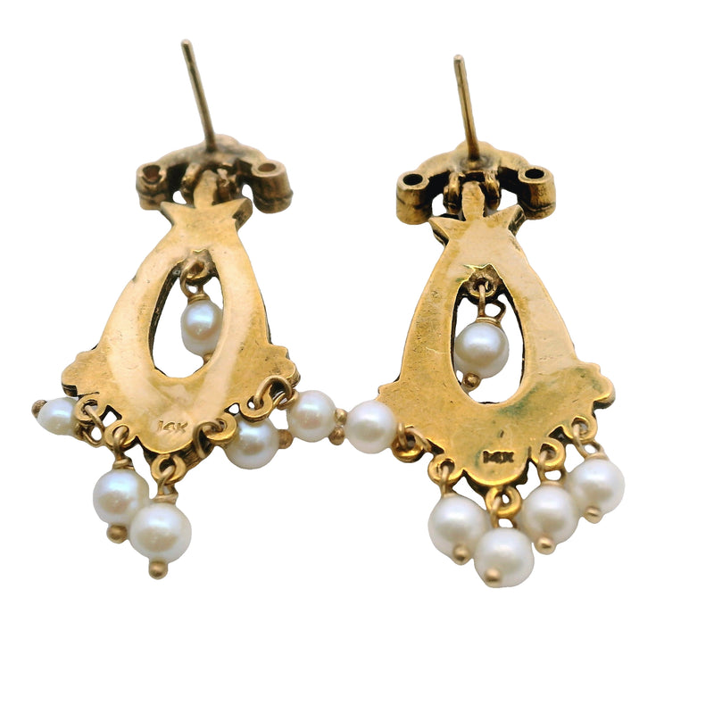 Vintage Victorian Revival 14kt Yellow Gold and Freshwater Seed Pearl Drop/Dangle Earrings