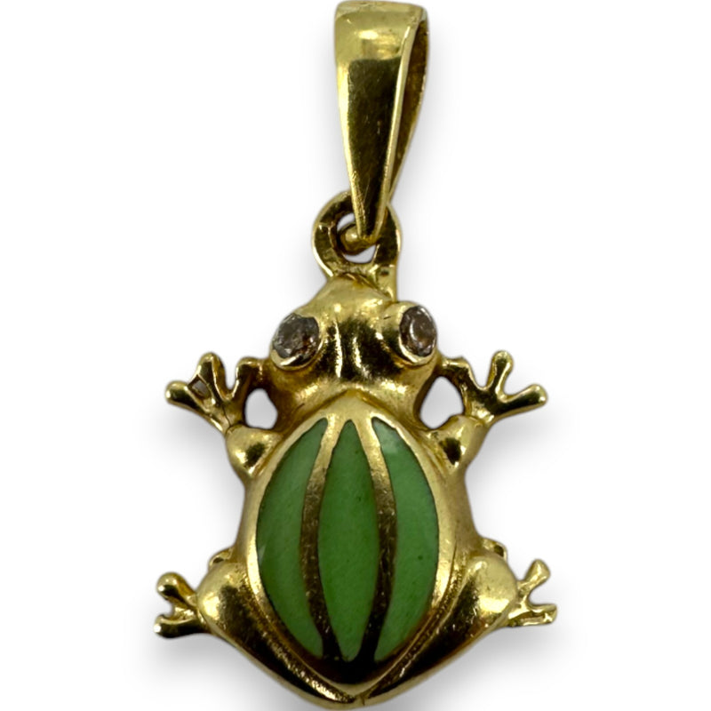 Colgante de rana con esmalte verde y circonita cúbica de 585 circonitas en oro amarillo de 14 kt.