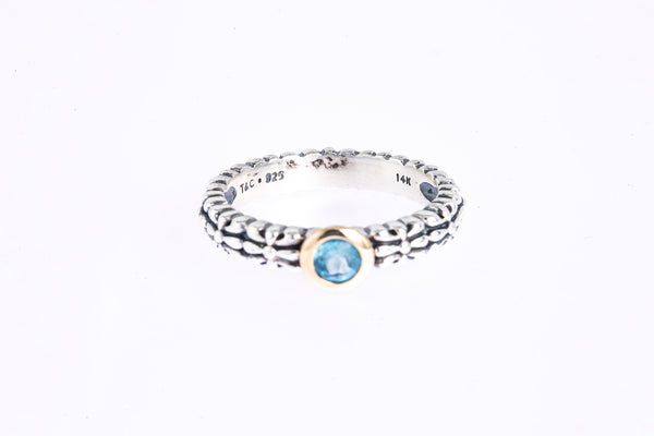 T&C Aquamarine Byzantine Carved Band 925 Silver & 14K Yellow Gold Ring Sz 7 1/4