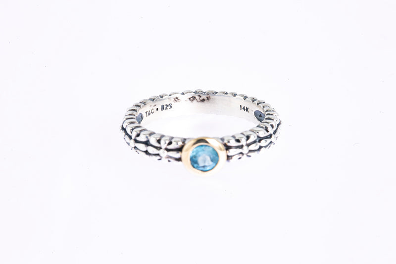 T&C Aquamarine Byzantine Carved Band 925 Silver & 14K Yellow Gold Ring Sz 7 1/4