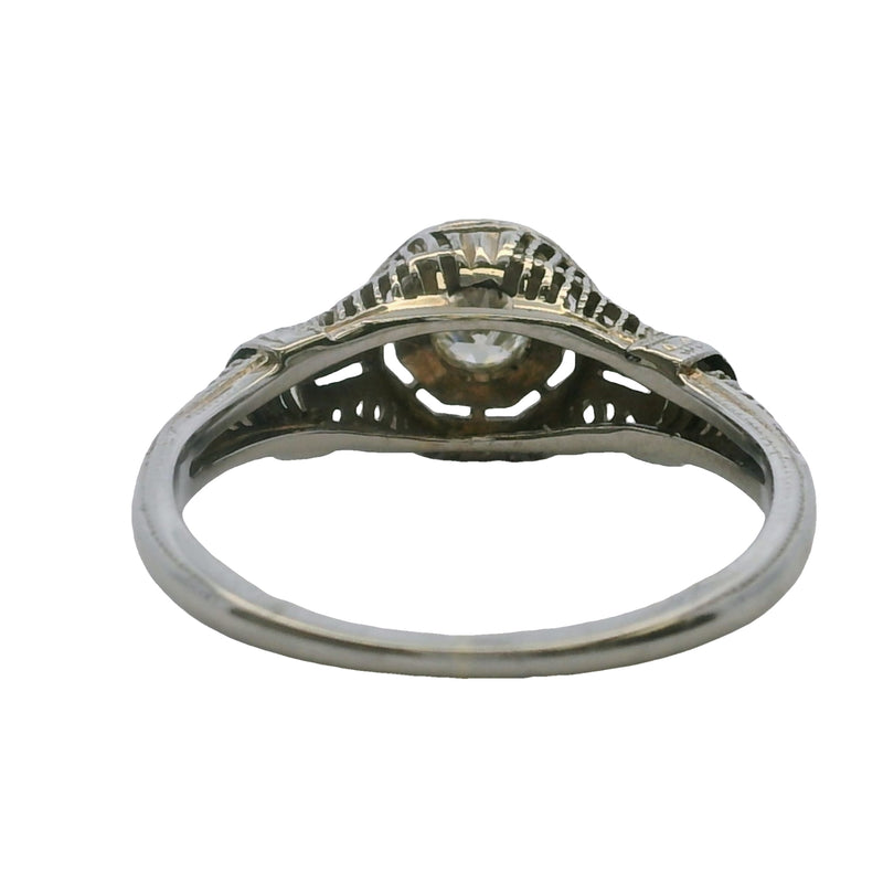 1920s Art Deco Solid 18kt White Gold and 0.15ct Diamond Solitaire Filigree Ring Size 6