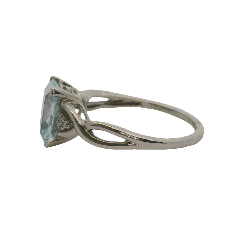10kt White Gold Rectangle Cushion Cut Aquamarine Solitaire and Accent Diamond Ring Size 7 Made In India