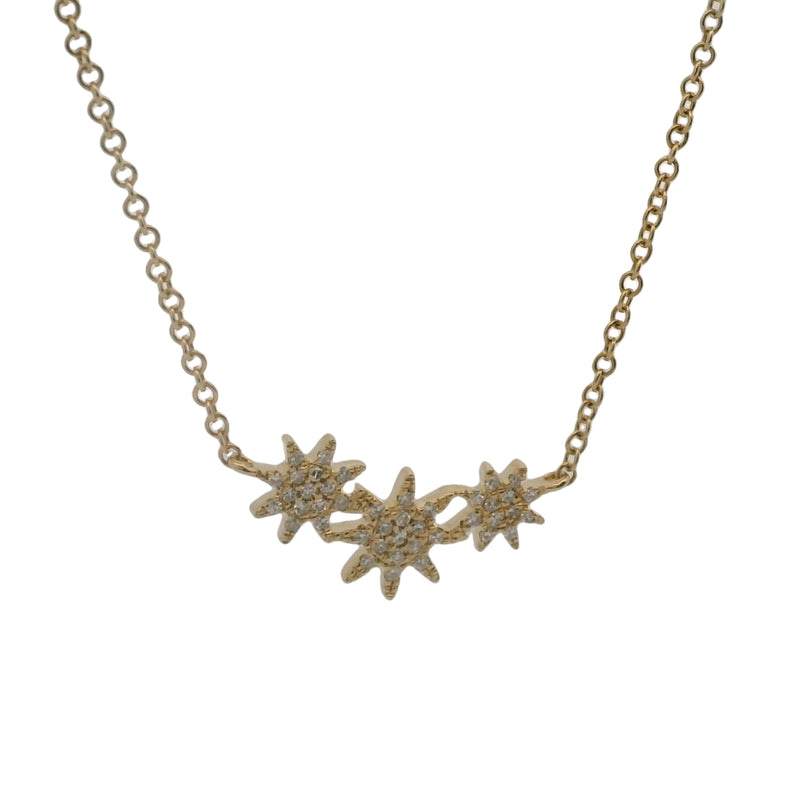 Shy Creation Fine Jewelry Solid 14kt Yellow Gold Celeste 0.09CT Triple Diamond Star Station Pendant Necklace with 4 Adjustable Lengths