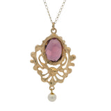 Vintage 1930s Solid 14kt Yellow Gold Amethyst and Freshwater Pearl Drop Pendant 19.75" Necklace