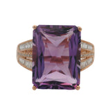 EFFY Solid 14kt Rose Gold Amethyst Cocktail Ring with Baguette and Round Diamond Band Ring Size10.5