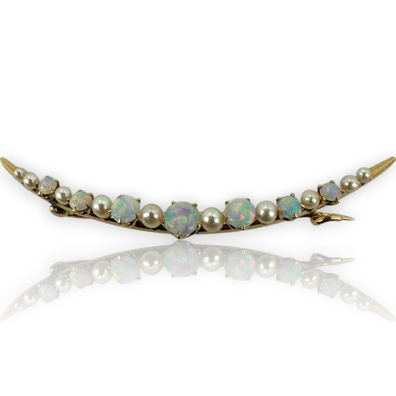Bates & Klinke Signed 1900-1910s Opal and Pearl Crescent Moon Brooch Pin with Original Pinback