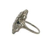 Antique 1920s Art Deco Solid 18kt White Gold 0.29ctw Diamond and Lab Sapphire Filigree Dinner Ring Size 6.5