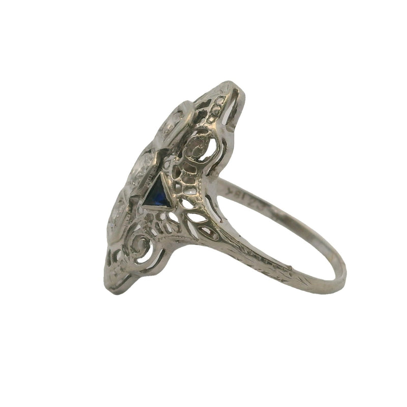 Antique 1920s Art Deco Solid 18kt White Gold 0.29ctw Diamond and Lab Sapphire Filigree Dinner Ring Size 6.5
