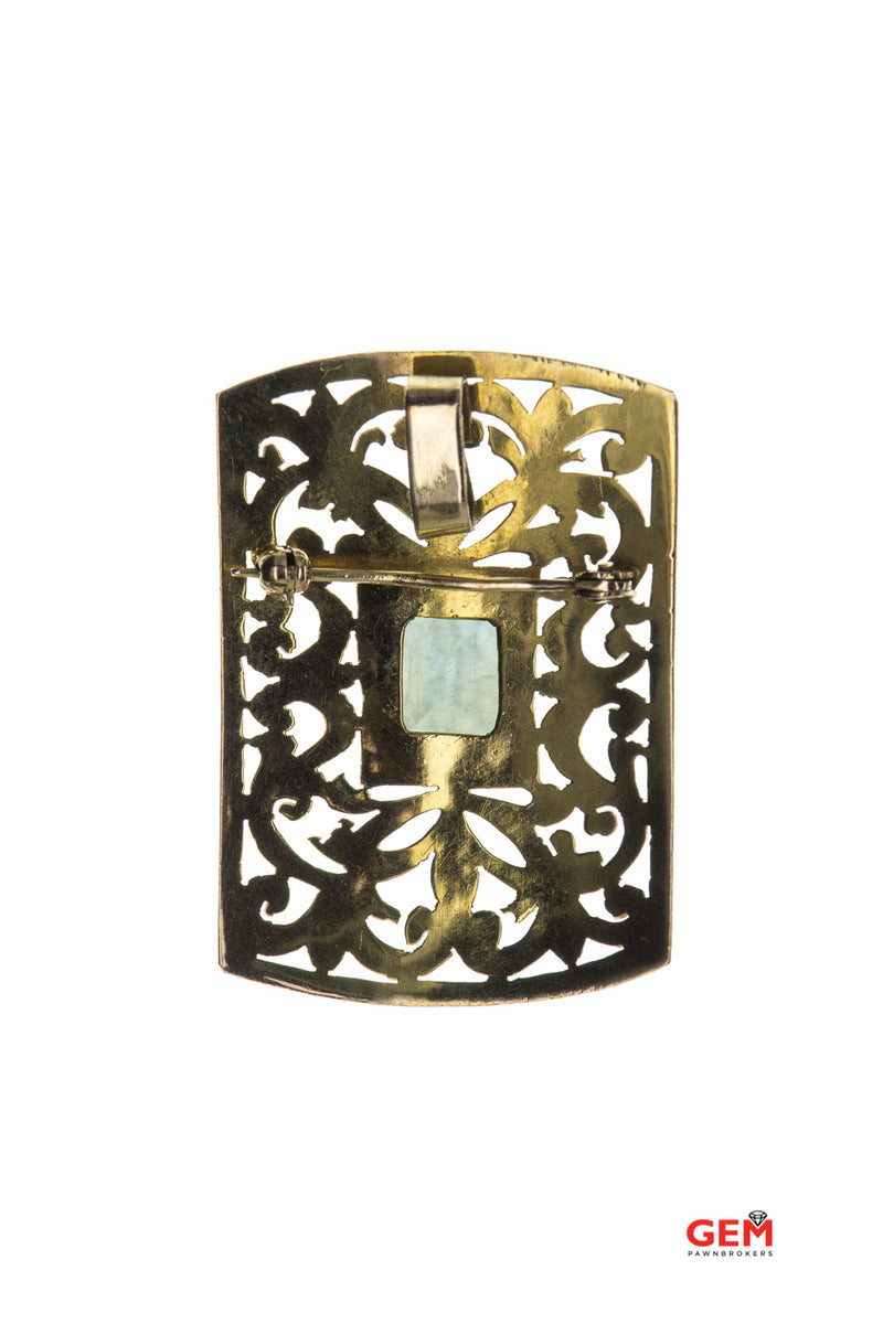 Antique Convertible Charm Blue Topaz Scroll Pierced Filigree 14K 585 Yellow Gold Brooch