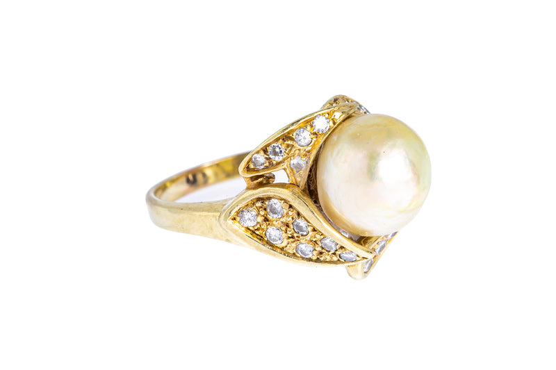 Natural Freshwater Pearl & Diamond Cluster Band 14K 585 Yellow Gold Ring Size 8