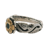 925 Sterling Silver and 18kt Yellow Gold Flower Leaf Ring With Center Emerald Size 5