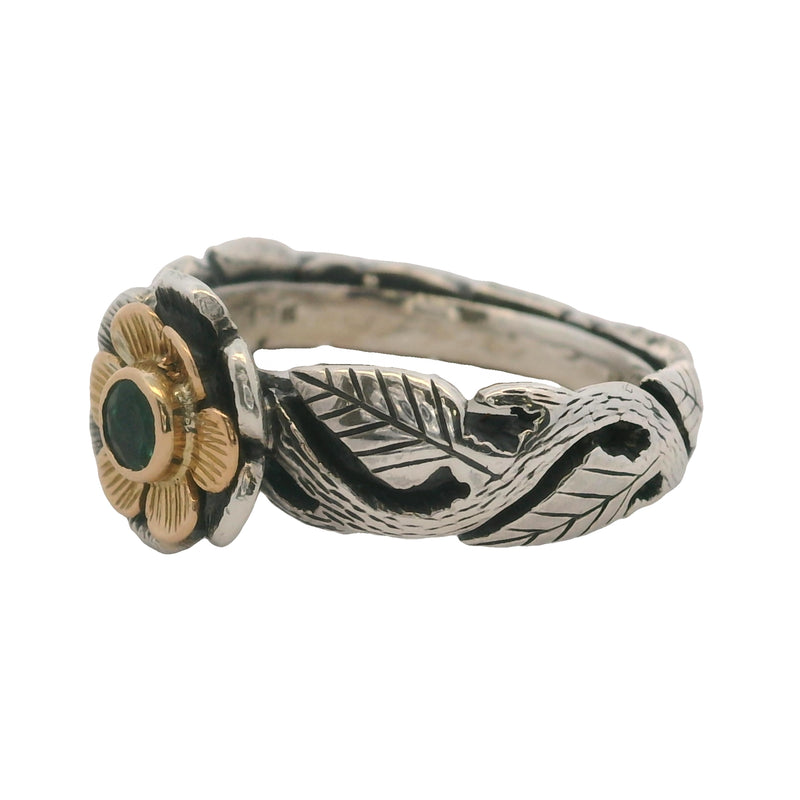 Anillo de hoja de flor en plata de ley 925 y oro amarillo de 18 kt con esmeralda central, talla 5