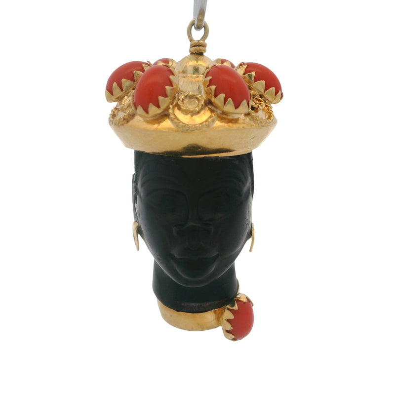Antique Italian Solid 18kt Yellow Gold Ebony Wood and Coral Blackamoor Head Pendant