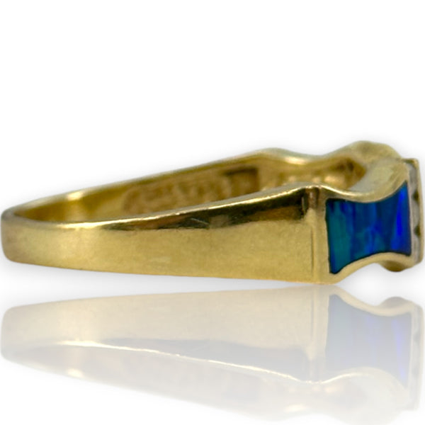 Solid 14kt Yellow Gold and Lab Black Opal Stackable Fashion Ring with 6 Diamonds Size 9.5