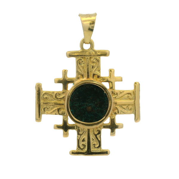 Vintage Solid 18kt Yellow Gold Jerusalem Cross with Widow's Mite Bronze Coin Pendant