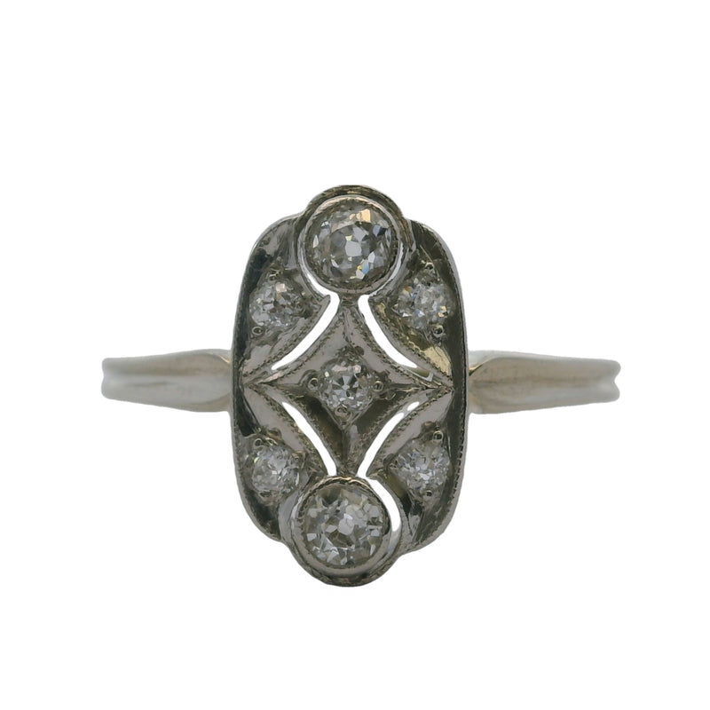 Antique 1910-20s 14kt White Gold and Old Mine Diamond Cluster Milgrain Dinner Ring Size 7.5