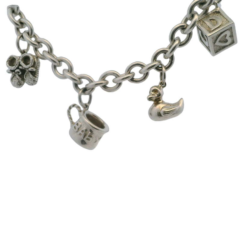 Vintage 925 Sterling Silver Baby Charm Bracelet with Teddy, Cup, Block, Duckie, and Shoes