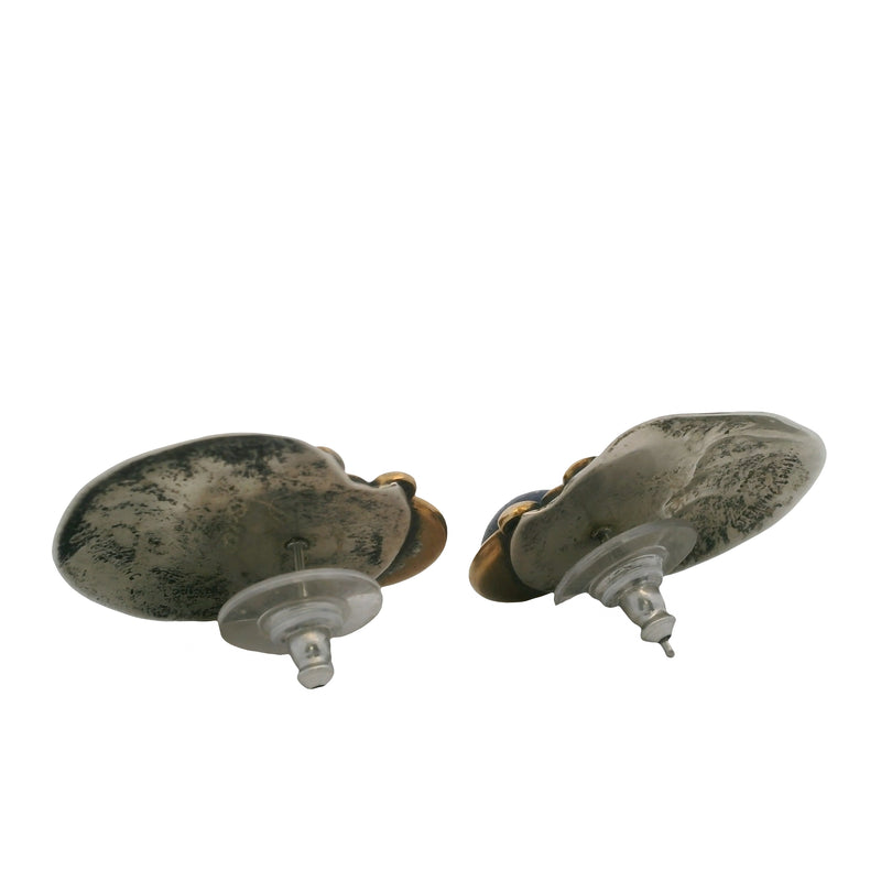 Louis Booth 925 Sterling Silver and Brass 28mm Earrings with Sodalite and Green Onyx Cabochons