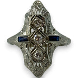 Antique Art Deco Late-1920s Filigree Solid 18kt White Gold and Transitional Cut Diamond Dinner Ring with Lab Sapphire and Older Cut Diamond Accents Size 9.5
