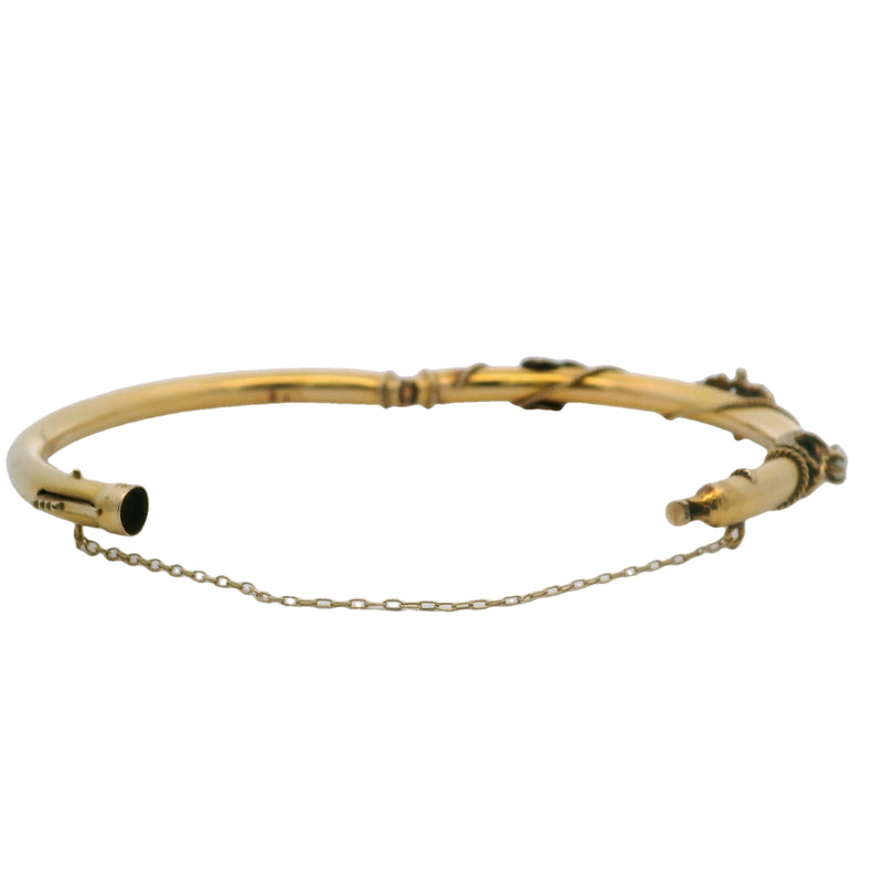 Antique Late Victorian Art Nouveau 14kt Yellow Gold and Cabochon Opal Rope Bangle Bracelet 6.5"