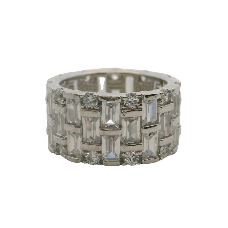 Anillo de eternidad de plata de ley 925 con circonitas cúbicas de corte baguette y redondo de 10,5 mm de grosor, talla 6