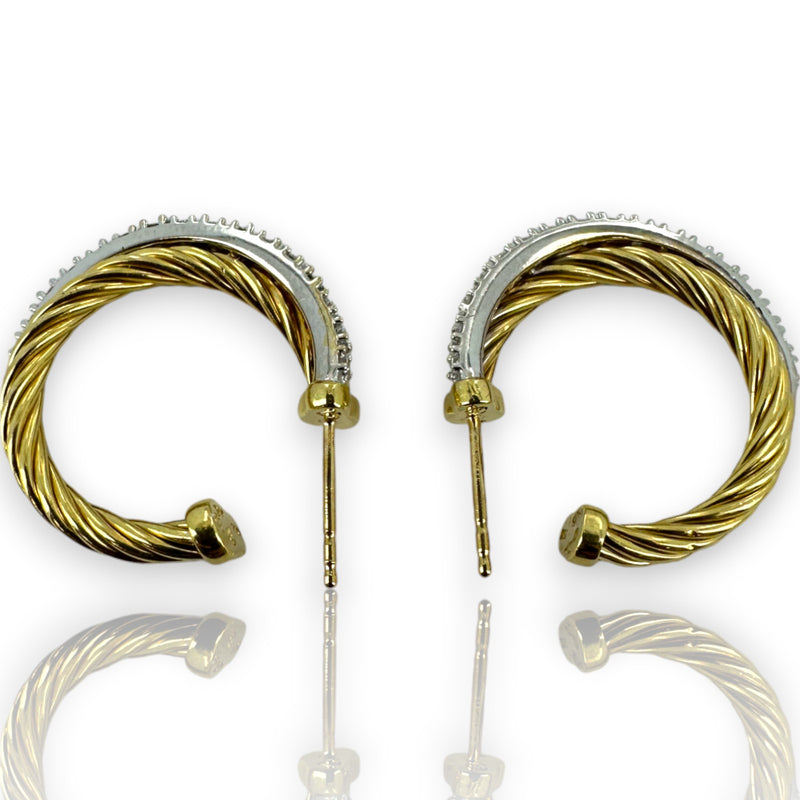 David Yurman Solid 18kt Yellow Gold Crossover 23mm Hoop Cable Earrings with 0.34ctw of Diamonds in Original Pouch