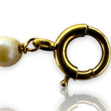 Vintage 1930s-50s Victorian Revival 14kt Solid Yellow Gold Delicate Pearl Station Necklace with Gold Openwork, Blue Enamel, and Pearl Drop Center