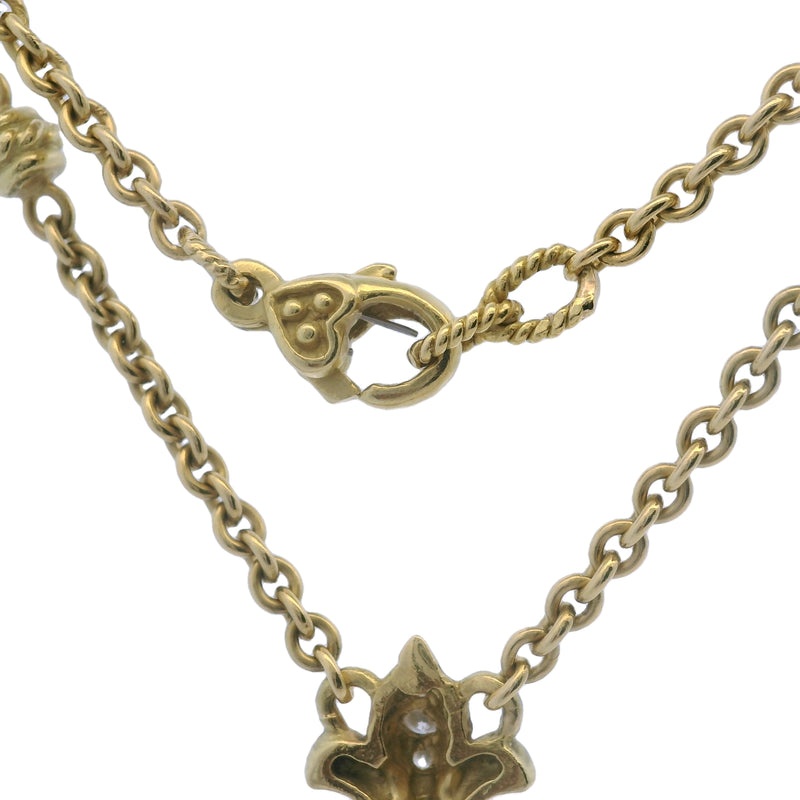 Solid 18kt Yellow Gold and Diamond Fleur-de-lis Heart Drop Pendant 15" Knots Necklace