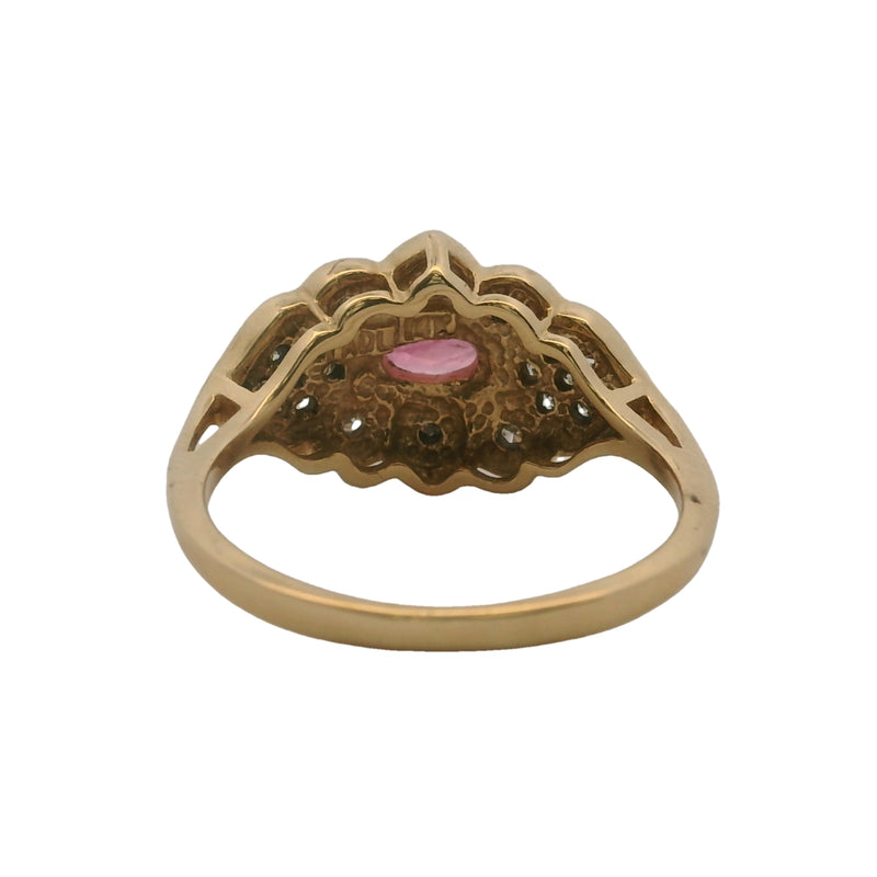 Vintage 14kt Yellow Gold Ruby Cocktail Ring with Cluster Diamond Accents Size 6
