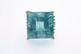 Vintage 1970-80s Solid 14kt Yellow Gold Cocktail Ring with Large 16.7mm Square Step-Cut Aquamarine and 12 Accent Diamonds Size 5.5