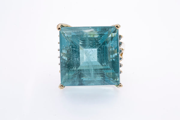 Vintage 1970-80s Solid 14kt Yellow Gold Cocktail Ring with Large 16.7mm Square Step-Cut Aquamarine and 12 Accent Diamonds Size 5.5