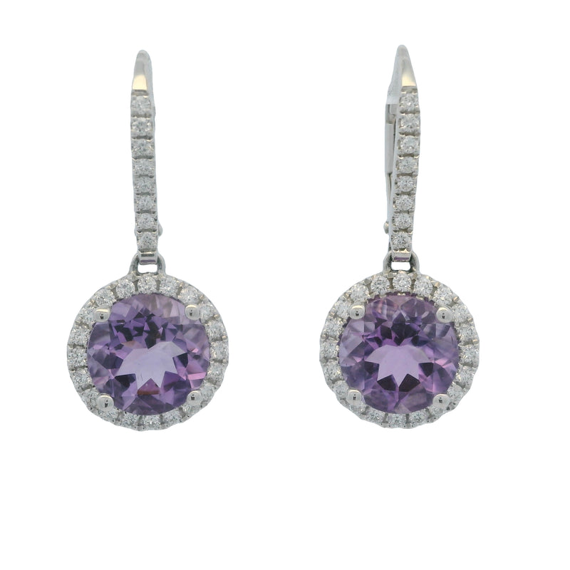 SNJ Jewelry Solid 14kt White Gold and Amethyst Drop Earrings with Diamond Halos and Accents