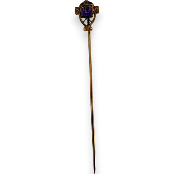 Antique Victorian 1890s 10kt Yellow Gold and Amethyst Stick Pin in Original Box Made in Germany