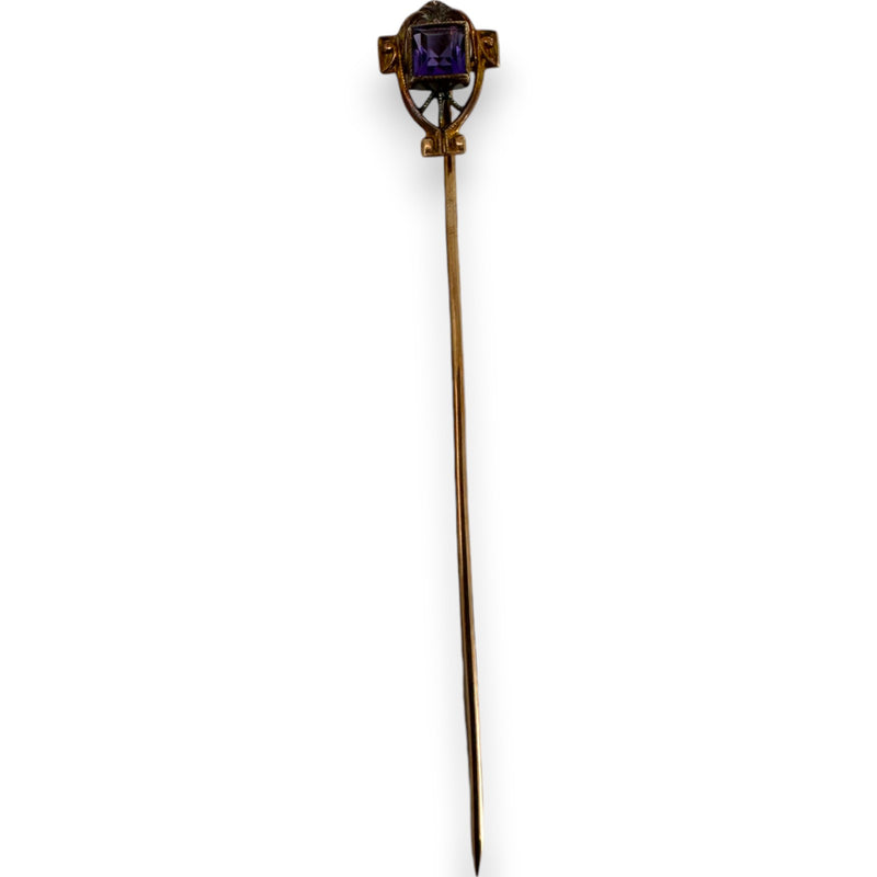 Antique Victorian 1890s 10kt Yellow Gold and Amethyst Stick Pin in Original Box Made in Germany