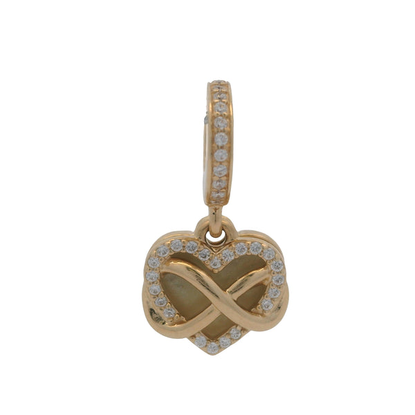 Charm colgante Pandora de oro amarillo macizo de 14 kt con circonitas cúbicas y esmalte con forma de corazón infinito.