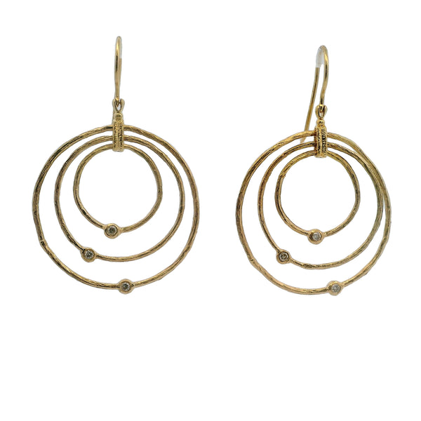 D2D Solid 18kt Yellow Gold 3 Textured Circle Diamond Hook Dangle/Drop Earrings
