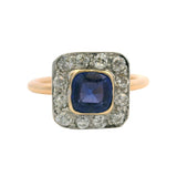 Antique 1890-1910s 14kt Yellow Gold Sapphire and Old Euro Diamond Halo Ring Size 5.5