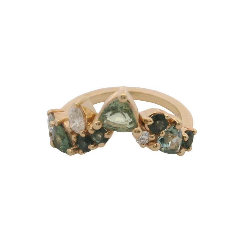 14kt Yellow Gold Blue and Green Sapphires and Diamond Chevron Crown Ring