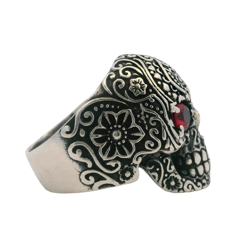 925 Sterling Silver Sugar Skull Skeleton Floral Ring with Lab Ruby Eyes Size 11