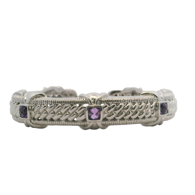 Judith Ripka 925 Sterling Silver and Checkerboard Cut Amethyst 14.5mm Cuff Bracelet