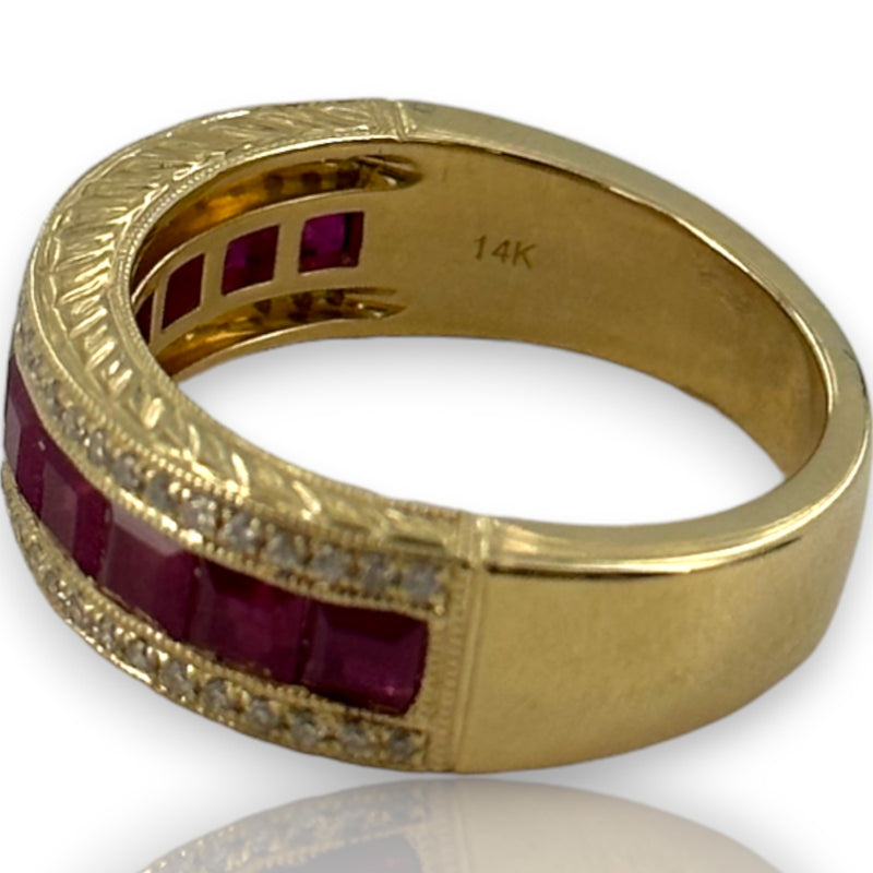 QCD Quality Color Design Solid 14kt Yellow Gold Half Eternity Ruby and Diamond Band Stacking Ring Size 7