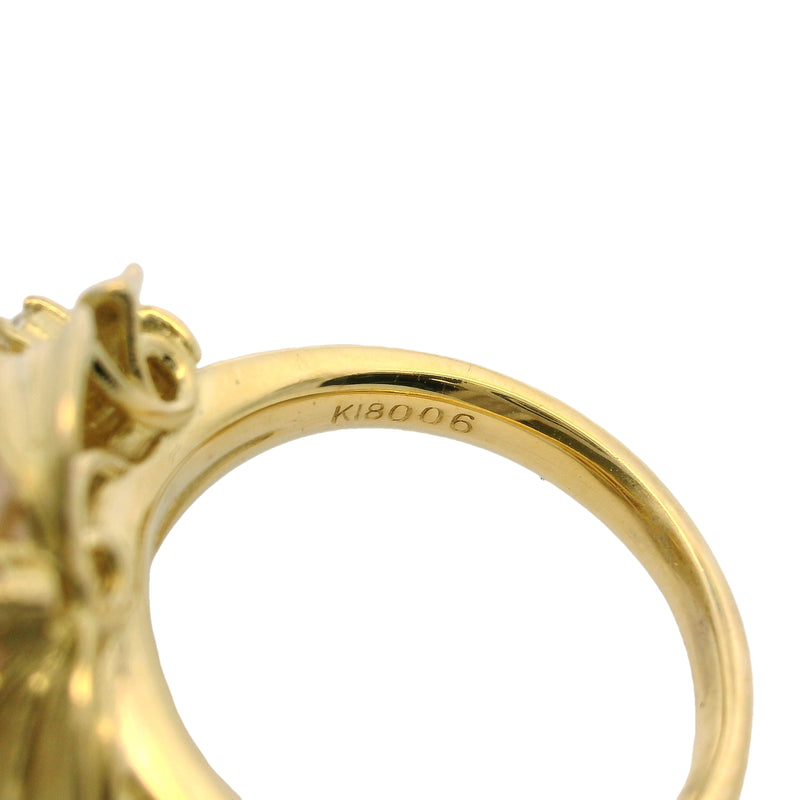 c1960-80s 18kt Yellow Gold 11.6mm South Sea Golden Pearl and Diamonds Leaf Motif Cocktail Ring Size 6