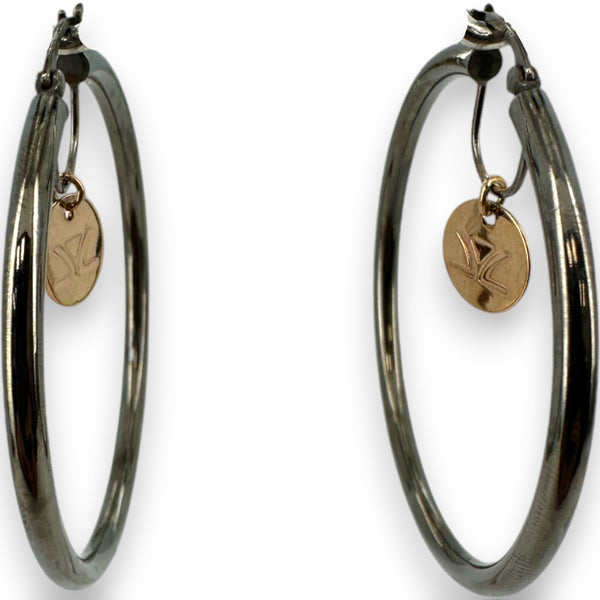 LeVian 14kt Black Gold 2-Inch Diameter Snap Closure Hoop Earrings with Rose Gold Logo Dangle Accent